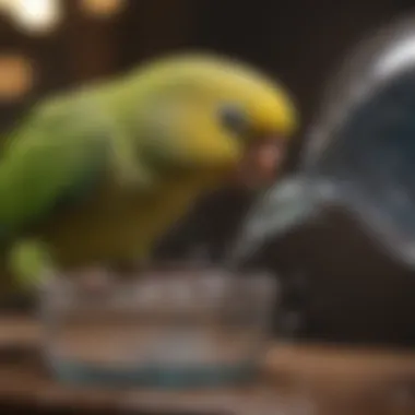 A vibrant parakeet drinking from a clean water dish