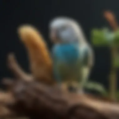 A vibrant budgie perched on a cuttlefish bone