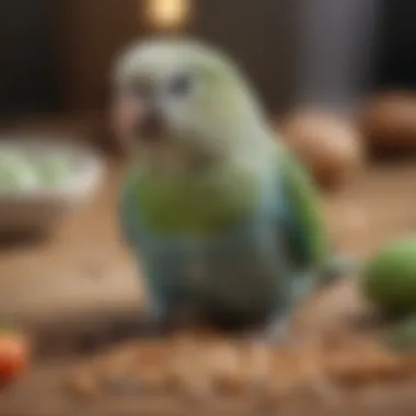 Calcium-Rich Diet for Parakeets Close-up of parakeet consuming calcium-rich food, emphasizing its diet.