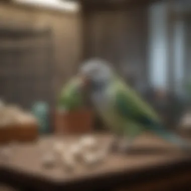 Calcium Supplements for Parakeets A variety of calcium supplements displayed next to a parakeet cage.