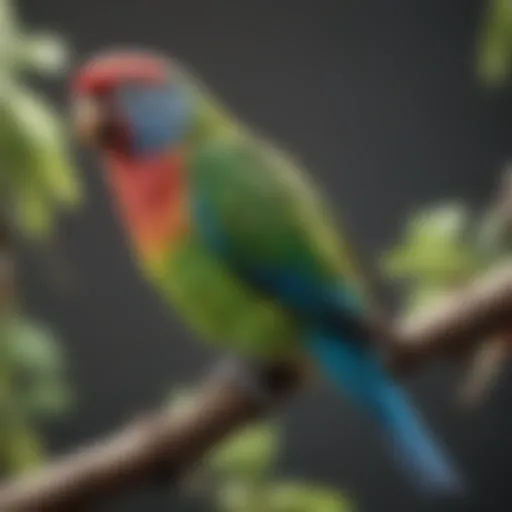 Vibrant parakeet perched on a branch, showcasing its colorful plumage.