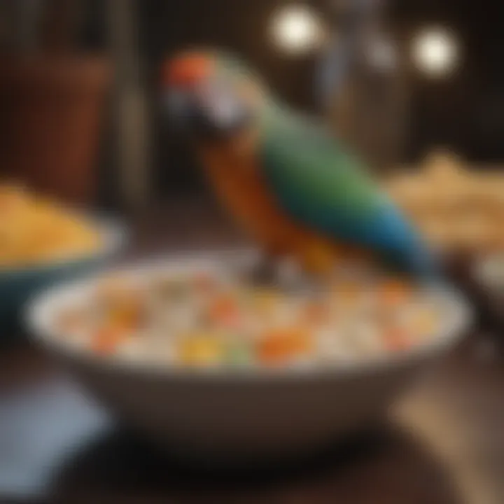Close-up of a bowl filled with various calcium-rich foods for parrots