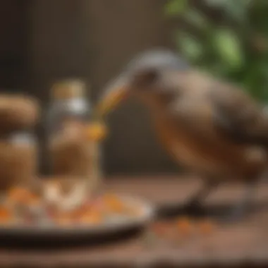Incorporating Vitamins into Bird Diets A close-up of a bird enjoying a balanced meal with added supplements, highlighting the integration of vitamins in their diet