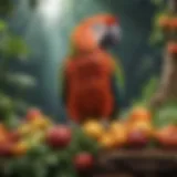A vibrant parrot perched on a branch surrounded by colorful fruits and vegetables, symbolizing natural sources of vitamins