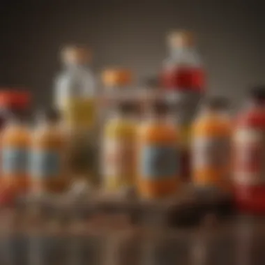 Diverse Vitamin Supplements for Avian Health An array of vitamin supplement bottles specifically designed for various bird species, showcasing diversity in avian nutrition