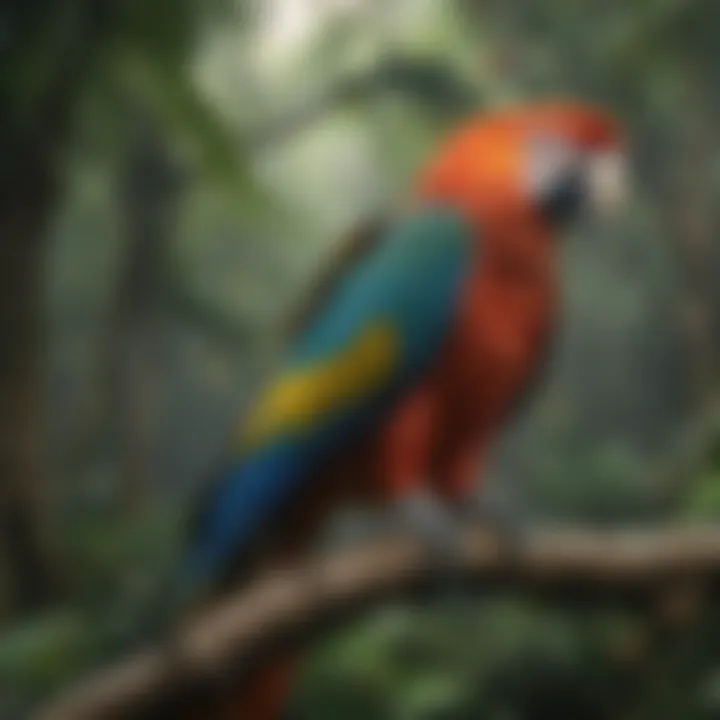 A vibrant macaw perched on a branch in the Amazon rainforest.