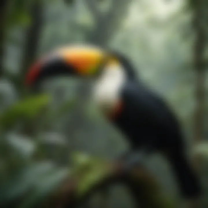 A toucan with its distinctive beak amidst lush greenery.