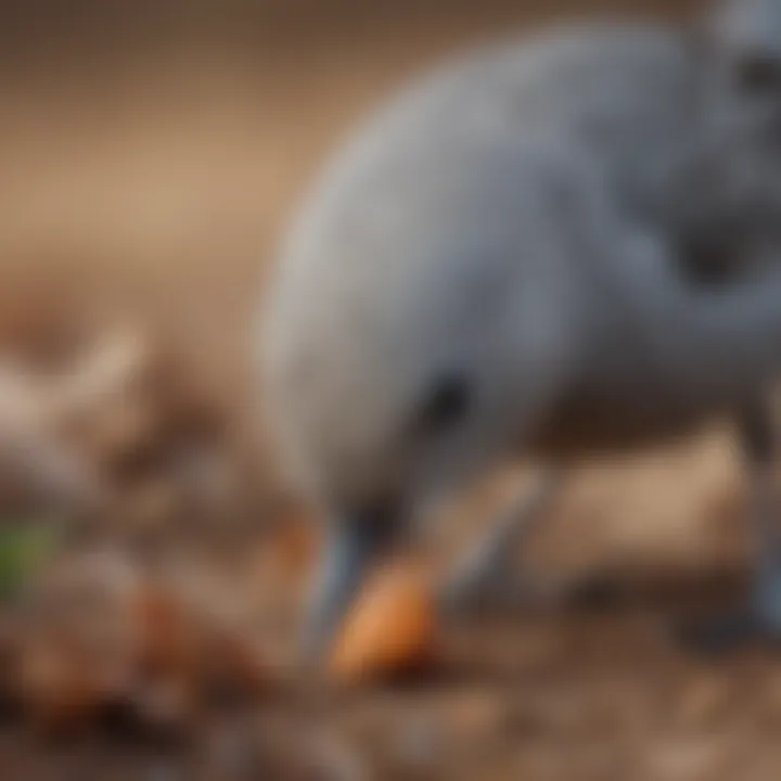 A close-up view of a little gray bird foraging on the ground