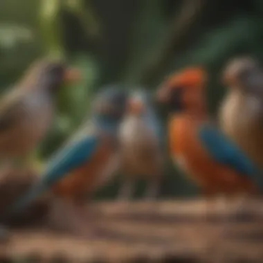 Close-up of various bird species standing together, highlighting their differences.