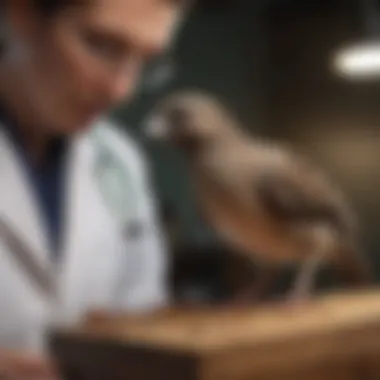 An avian veterinarian examining a bird in a clinical setting.