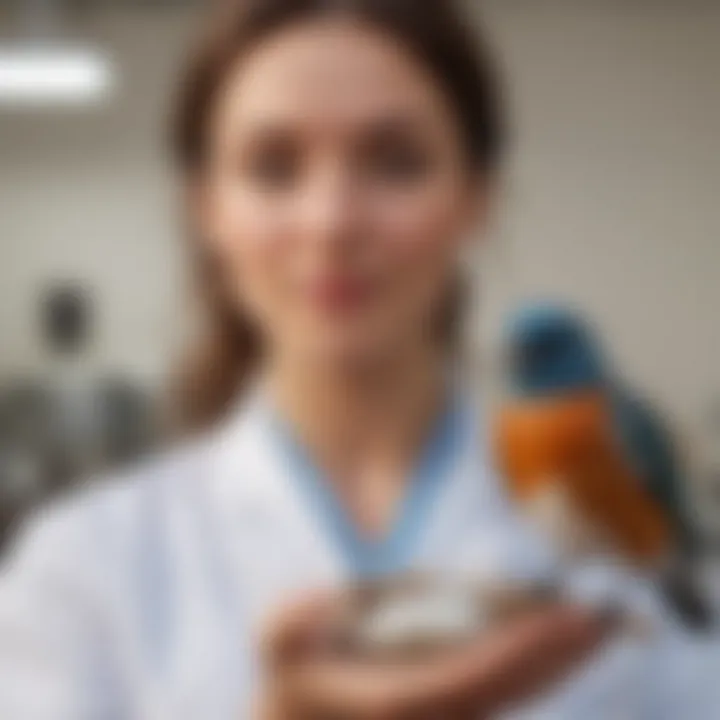 A graduate holding a veterinary degree with a bird in the foreground.