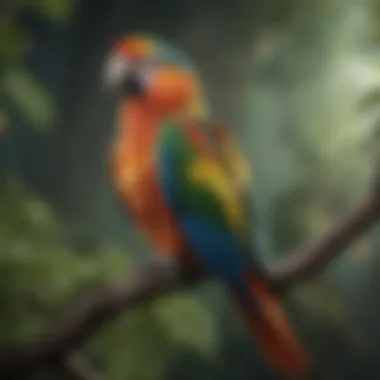 A majestic parrot perched on a branch showcasing its vibrant plumage