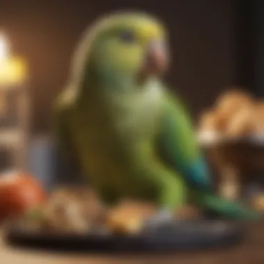 A parakeet enjoying a balanced meal in its cage