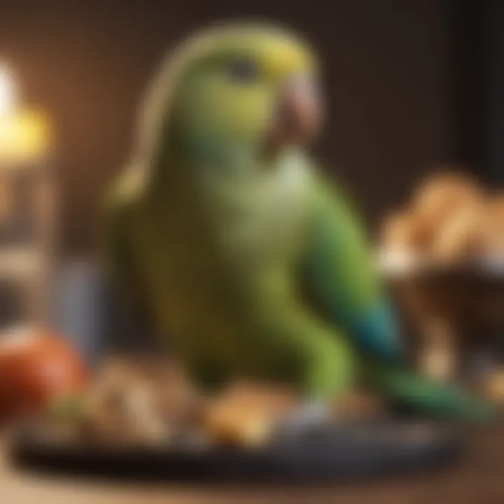 A parakeet enjoying a balanced meal in its cage