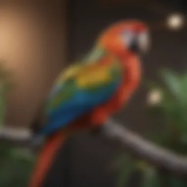 A colorful parrot perched on a branch, showcasing its vibrant feathers.