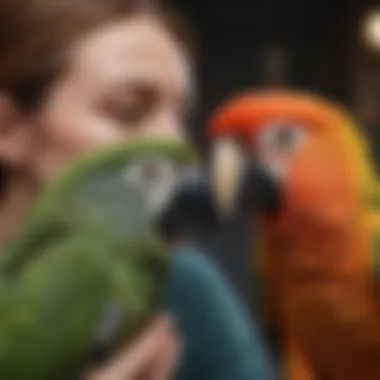 Close-up of a parrot interacting with a person, highlighting the bond.