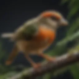 A vibrant bird perched on a branch with hemp oil droplets.