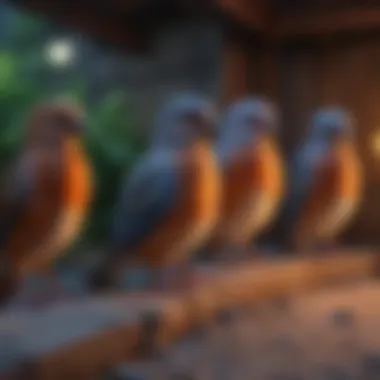 Birds basking under UV light in a well-equipped aviary