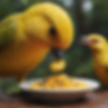 Nutritious Meal for Yellow-Headed Bird A healthy yellow-headed bird enjoying a nutritious meal
