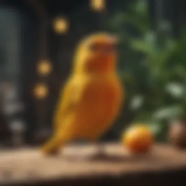 A colorful orange canary singing in a cozy aviary