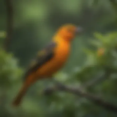 A stunning orange oriole amid lush green foliage