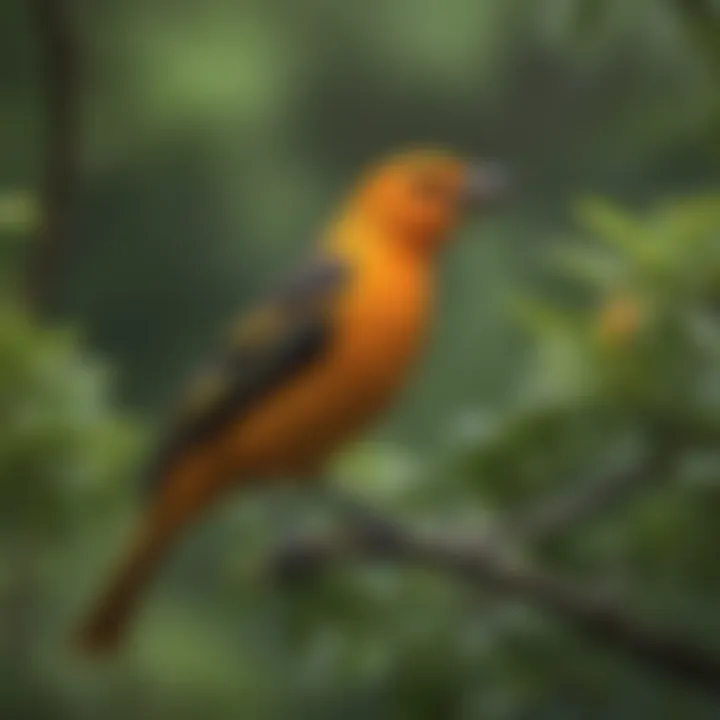 A stunning orange oriole amid lush green foliage