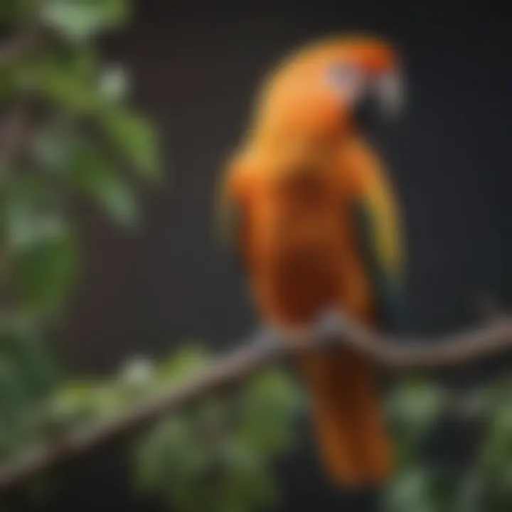 A close-up of a vibrant orange parrot perched on a branch