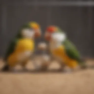 A white-bellied caique interacting playfully with a toy in its cage.