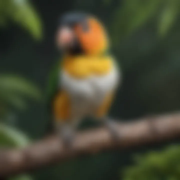 A vibrant white-bellied caique perched on a branch, showcasing its colorful plumage.