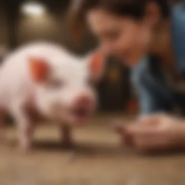 A tiny pig interacting playfully with its owner