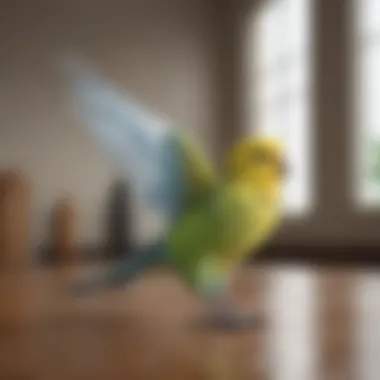 Budgerigar flying in a bright room