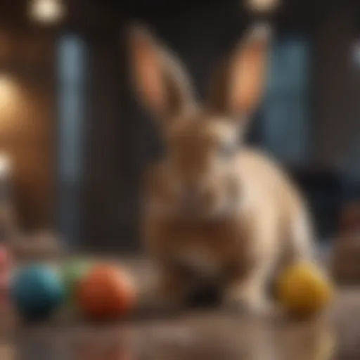 Playful rabbit engaging with chewable toys