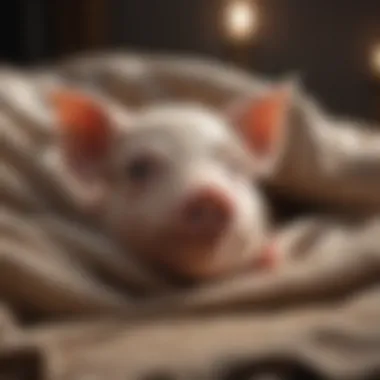 Miniature Pig Enjoying Comfort A close-up of a miniature pig curled up comfortably on a cozy blanket, highlighting its affectionate nature.