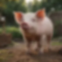 A variety of pig breeds in a serene backyard setting, showcasing their unique features.