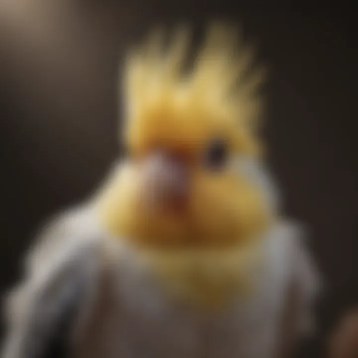 Close-up of a cockatiel displaying signs of illness with drooping feathers.