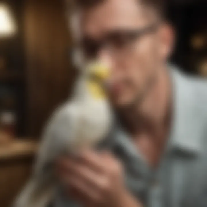 A caring owner examining a cockatiel, highlighting the bond between them.
