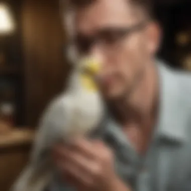 Caring for Your Cockatiel: The Owner's Role A caring owner examining a cockatiel, highlighting the bond between them.