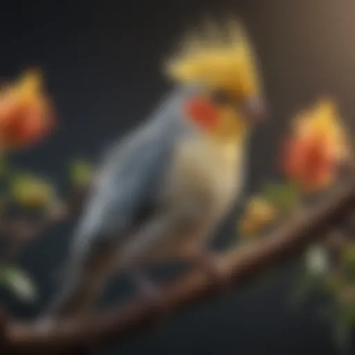Vibrant cockatiel perched on a branch showcasing its colorful plumage.