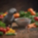 A vibrant bowl of African grey parrot pellets surrounded by fresh vegetables