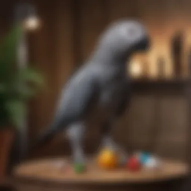 African Grey Parrot in Playtime An African Grey parrot happily engaging with toys on a well-constructed play stand.