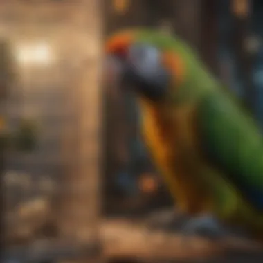 Amazon parrot engaging with enrichment items in a cage