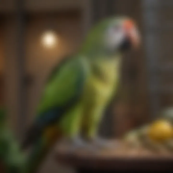 An Amazon parrot happily interacting with its perch in a well-maintained cage