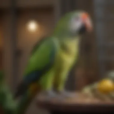 Creating a Healthy Environment with Proper Perches An Amazon parrot happily interacting with its perch in a well-maintained cage