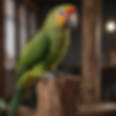 A vibrant Amazon parrot perched on a natural wood perch