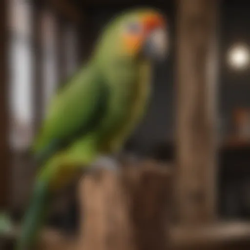 A vibrant Amazon parrot perched on a natural wood perch