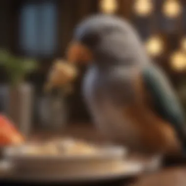 A pet bird enjoying a balanced meal rich in calcium.