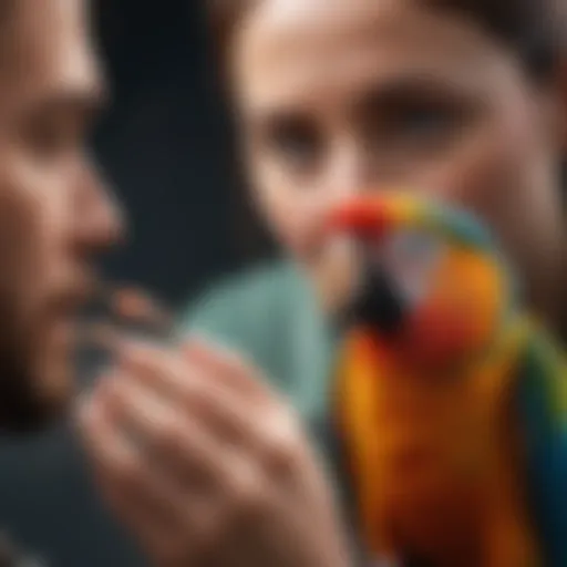 Avian veterinarian examining a colorful parrot