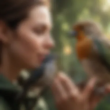 A calm bird interacting playfully with its owner