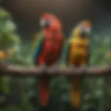 Colorful parrots perched on a branch in a serene environment