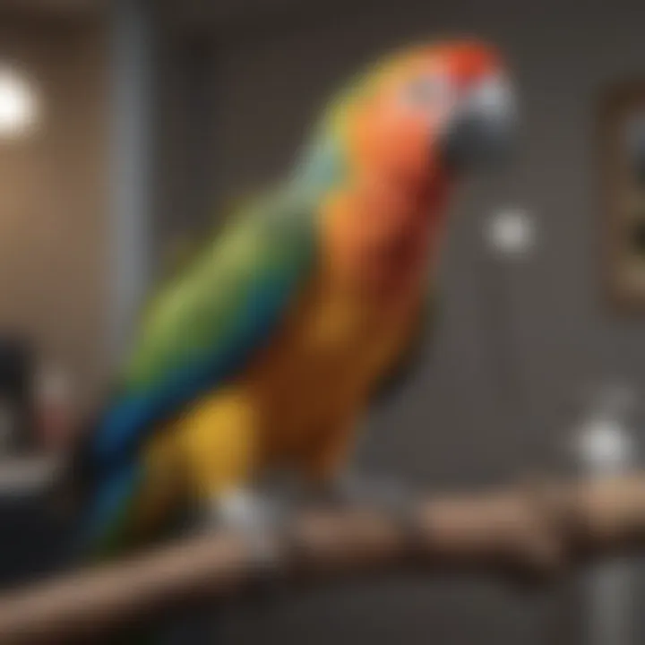 A vibrant parrot perched on a branch in a veterinary clinic